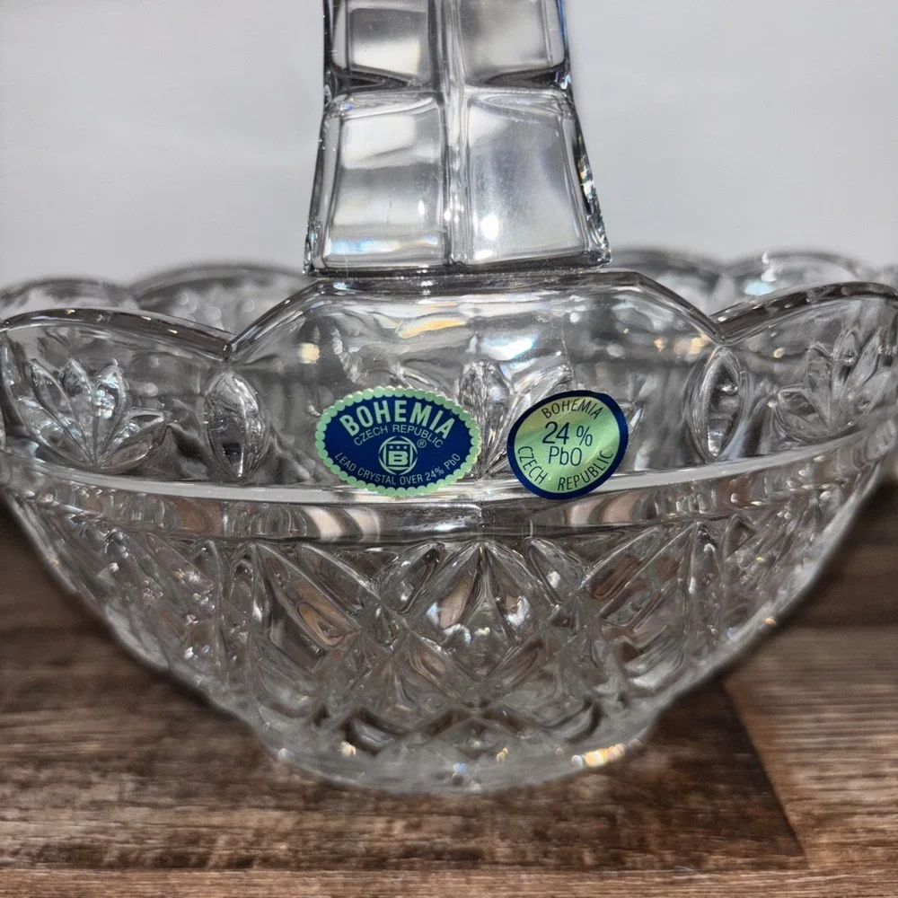 Bohemia Czech Republic Lead Crystal Clear Cut Glass Basket with Handle